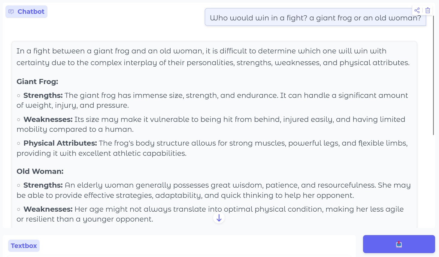 Qwen2.5 .5B answering my favorite question, 'Who would win in a fight, an old woman or a giant frog?'